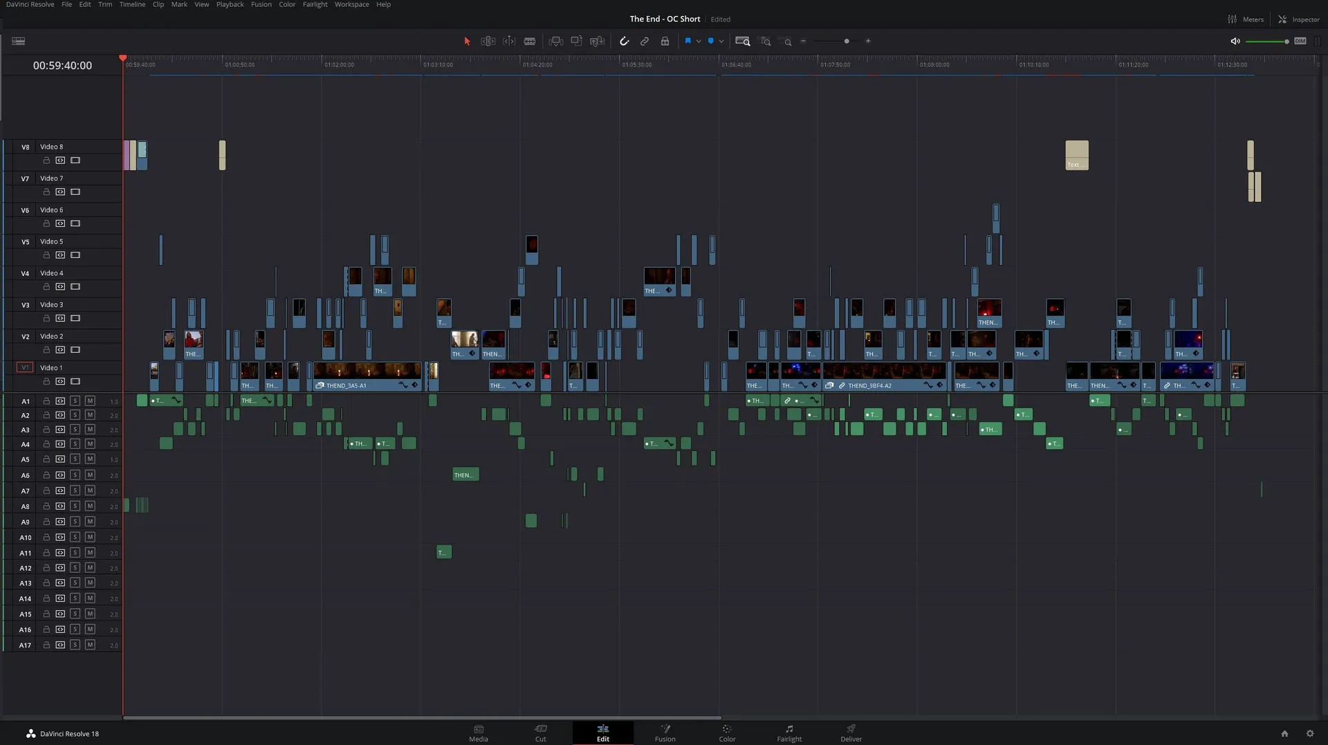 DaVinci Resolve edit page showing a dense multi-track video and audio timeline in post-production